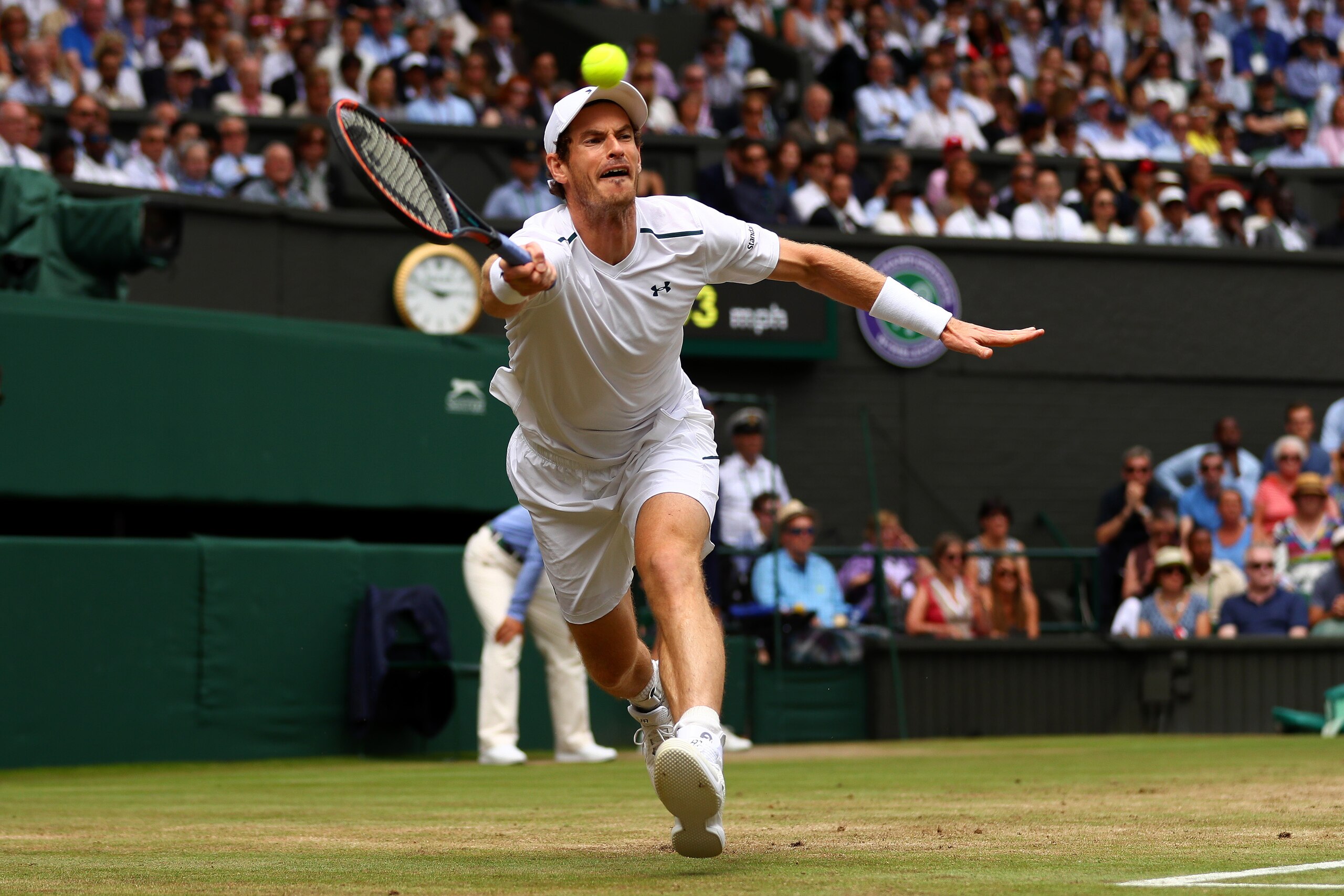 LONDON, ENGLAND - JULY 12:  Andy Murray of Great Britain plays a forehand during the Gentlemen's Singles quarter final match against   Sam Querrey of The United States on day nine of the Wimbledon Lawn Tennis Championships at the All England Lawn Tennis a