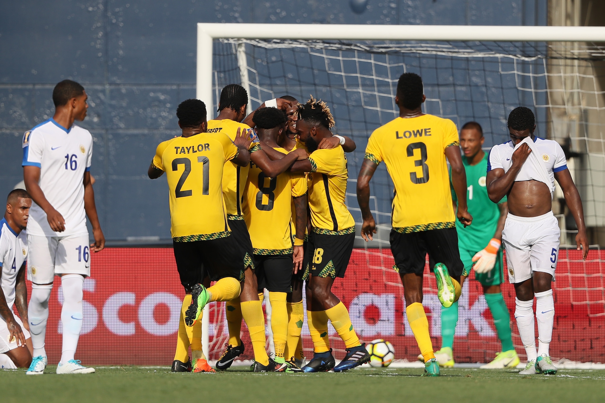SAN DIEGO, CA - JULY 09: Darren Mattocks of Jamaica celebrates after scoring a goal to make it 2-0 during the 2017 CONCACAF Gold Cup Group C match between Curacao and Jamaica at Qualcomm Stadium on July 9, 2017 in San Diego, California. (Photo by Matthew 
