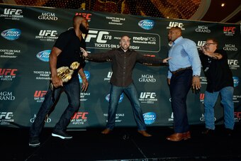 Jones and Cormier at the MGM Grand in 2014 before what would have been their first fight at UFC 178.