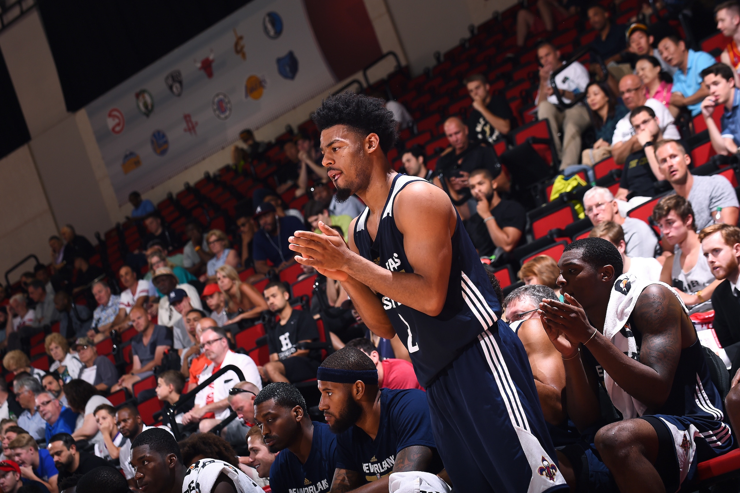 LAS VEGAS, NV - JULY 12: Quinn Cook #2 of the New Orleans Pelicans cheers on his teammates during the game against the Atlanta Hawks during the 2017 Las Vegas Summer League on July 12, 2017 at the Cox Pavilion in Las Vegas, Nevada. NOTE TO USER: User expr
