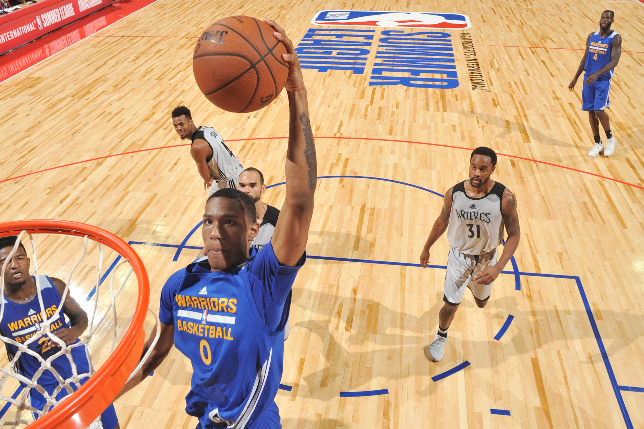 LAS VEGAS, NV - JULY 12:  Patrick McCaw #0 of the Golden State Warriors dunks against the Minnesota Timberwolves during the 2017 Summer League on July 12, 2017 at the Thomas & Mack Center in Las Vegas, Nevada. NOTE TO USER: User expressly acknowledges and