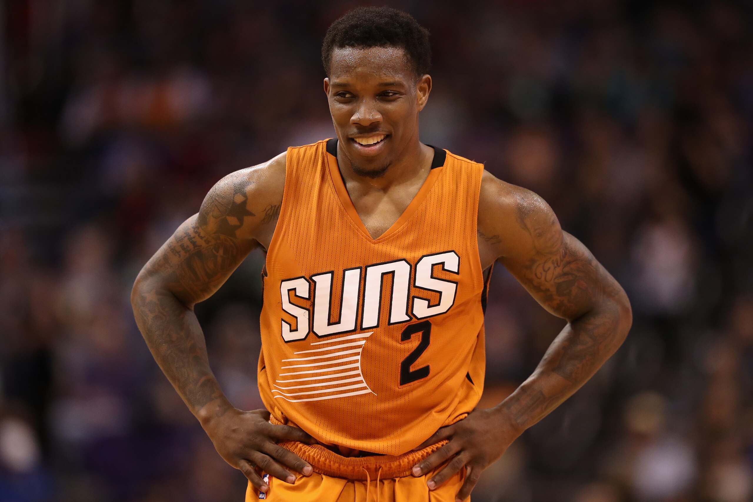 PHOENIX, AZ - MARCH 05:  Eric Bledsoe #2 of the Phoenix Suns reacts during the NBA game against the Boston Celtics at Talking Stick Resort Arena on March 5, 2017 in Phoenix, Arizona.  The Suns defeated the Celtics 109-106. NOTE TO USER: User expressly ack