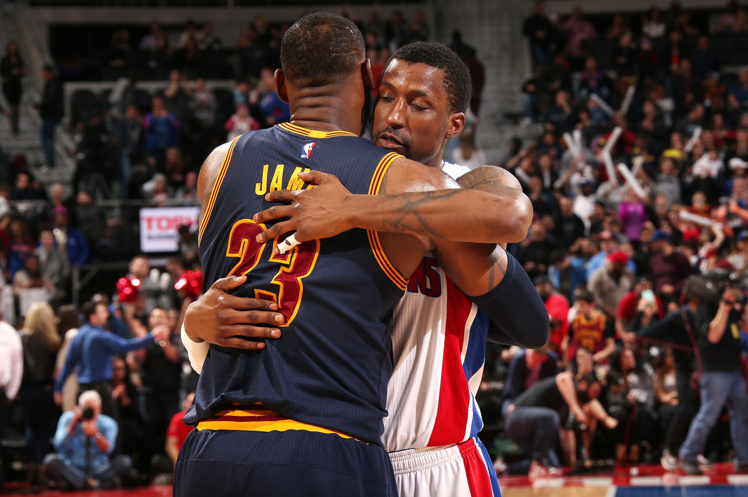 AUBURN HILLS, MI - MARCH 9: Kentavious Caldwell-Pope #5 of the Detroit Pistons shares a hug with LeBron James #23 of the Cleveland Cavaliers after the game on March 9, 2017 at The Palace of Auburn Hills in Auburn Hills, Michigan. NOTE TO USER: User expres