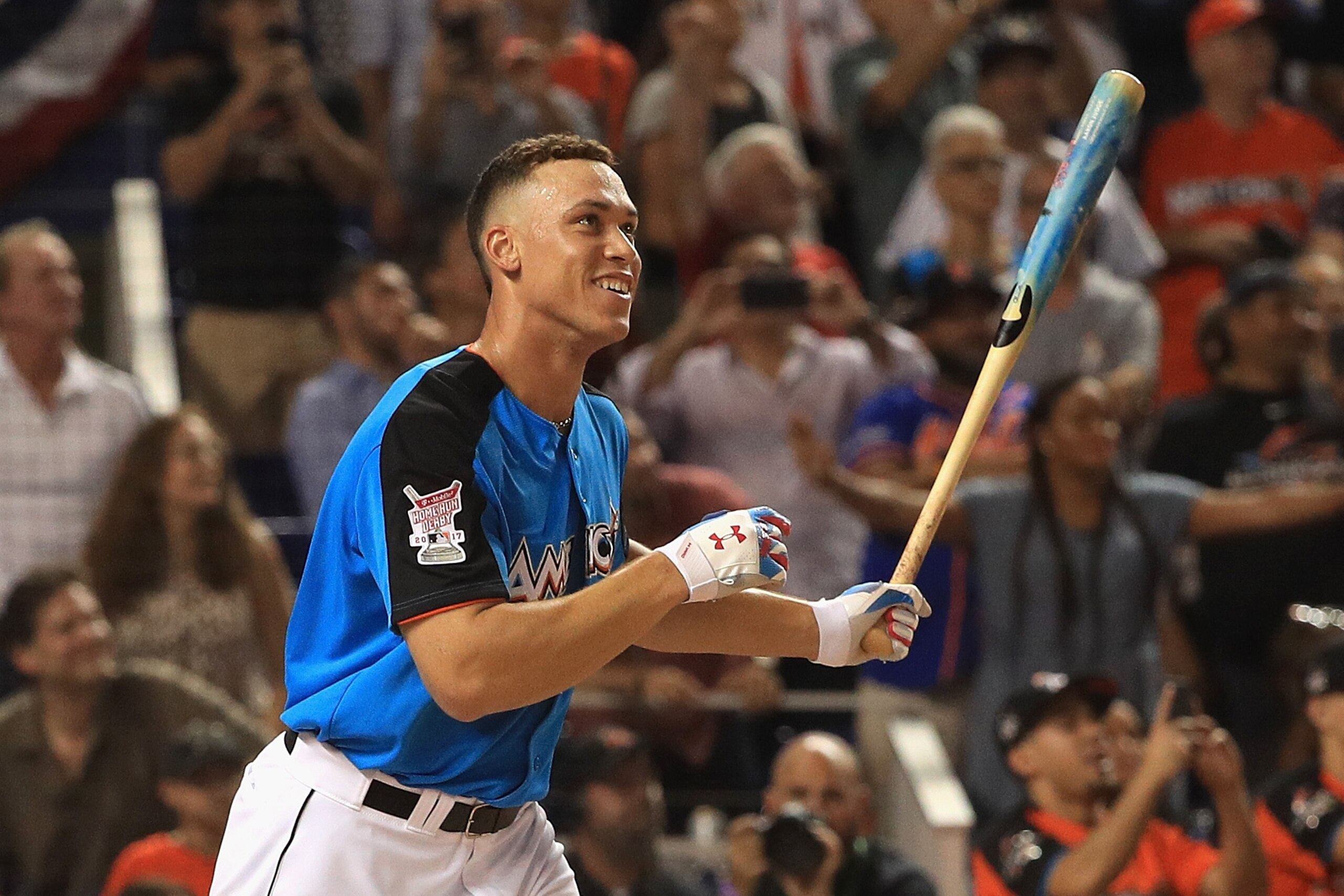 MIAMI, FL - JULY 10:  Aaron Judge #99 of the New York Yankees celebrates after winning the T-Mobile Home Run Derby at Marlins Park on July 10, 2017 in Miami, Florida.  (Photo by Mike Ehrmann/Getty Images)