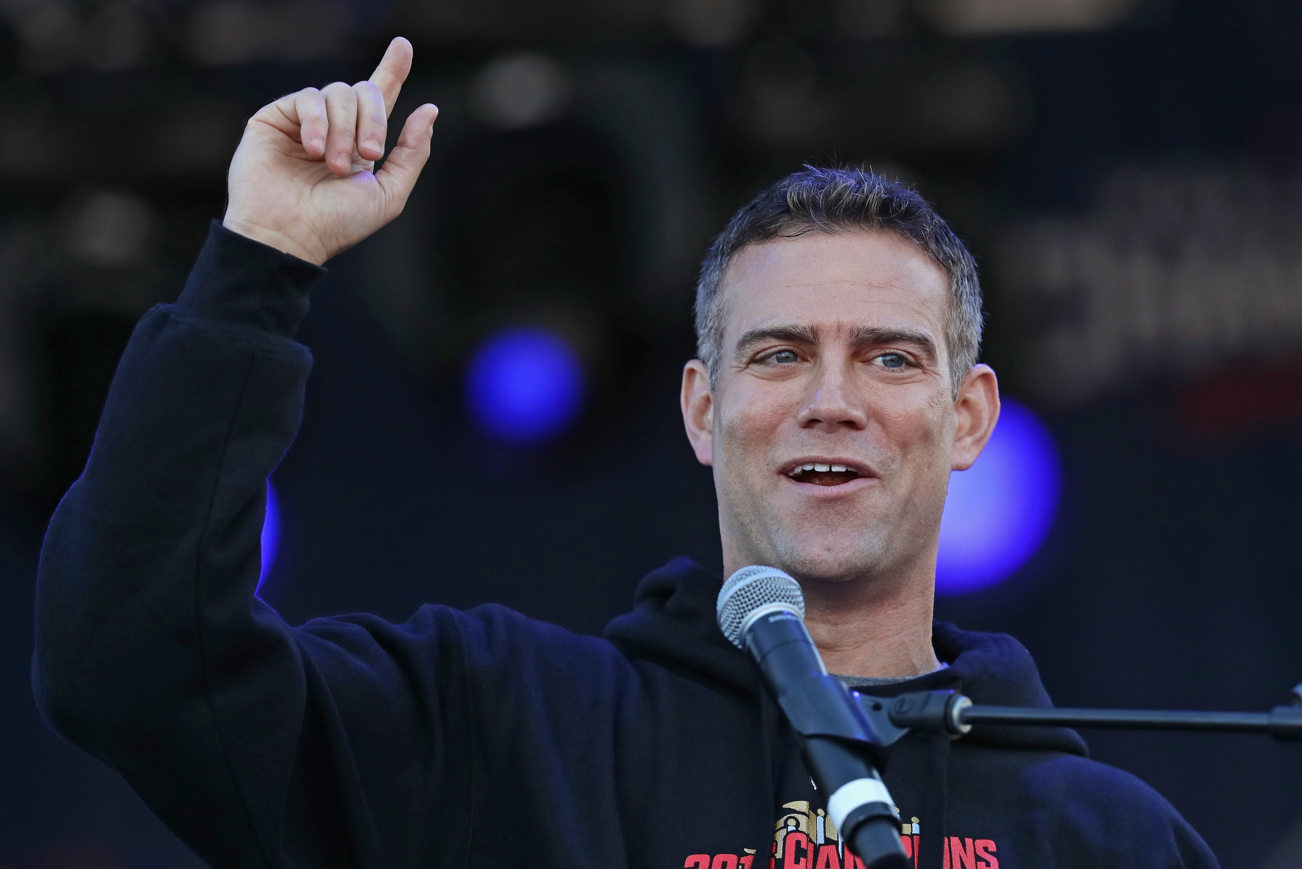 CHICAGO, IL - NOVEMBER 04:  President Theo Epstein of the Chicago Cubs speaks to the crowd during the Chicago Cubs victory celebration in Grant Park on November 4, 2016 in Chicago, Illinois. The Cubs won their first World Series championship in 108 years 