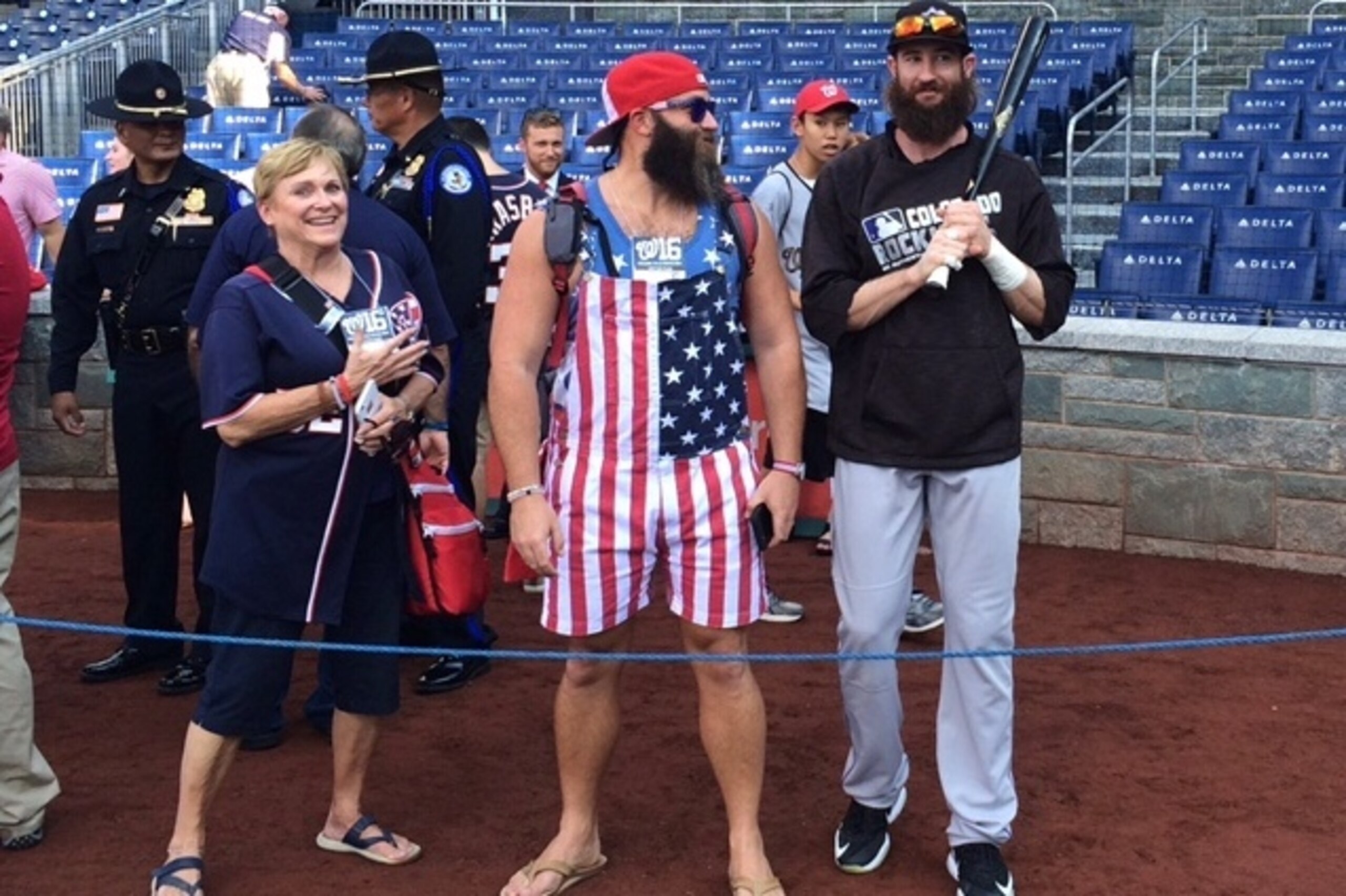 Blackmon (far right) surprised an overalls-clad fan during batting practice last season in Washington. The two chatted about where Blackmon might find the same Old Glory-type overalls after taking a few photos. Blackmon (far right) surprised an overalls-clad fan during batting practice last season in Washington. The two chatted about where Blackmon might find the same Old Glory-type overalls after taking a few photos.