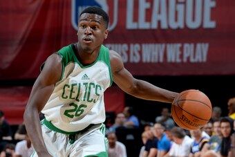 LAS VEGAS, NV - JULY 11:  Jabari Bird #26 of the Boston Celtics handles the ball against the Philadelphia 76ers on July 11, 2017 at the Thomas & Mack Center in Las Vegas, Nevada. NOTE TO USER: User expressly acknowledges and agrees that, by downloading an