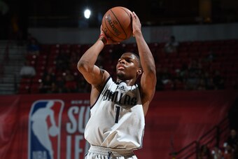 LAS VEGAS, NV - JULY 13: Dennis Smith Jr. #1 of the Dallas Mavericks shoots the ball against the Sacramento Kings on July 13, 2017 at the Thomas & Mack Center in Las Vegas, Nevada. NOTE TO USER: User expressly acknowledges and agrees that, by downloading 