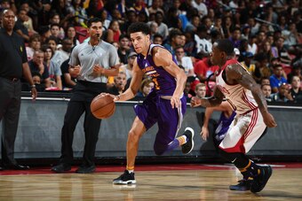 LAS VEGAS, NV - JULY 13: Lonzo Ball #2 of the Los Angeles Lakers handles the ball against the Cleveland Cavaliers on July 13, 2017 at the Thomas & Mack Center in Las Vegas, Nevada. NOTE TO USER: User expressly acknowledges and agrees that, by downloading 