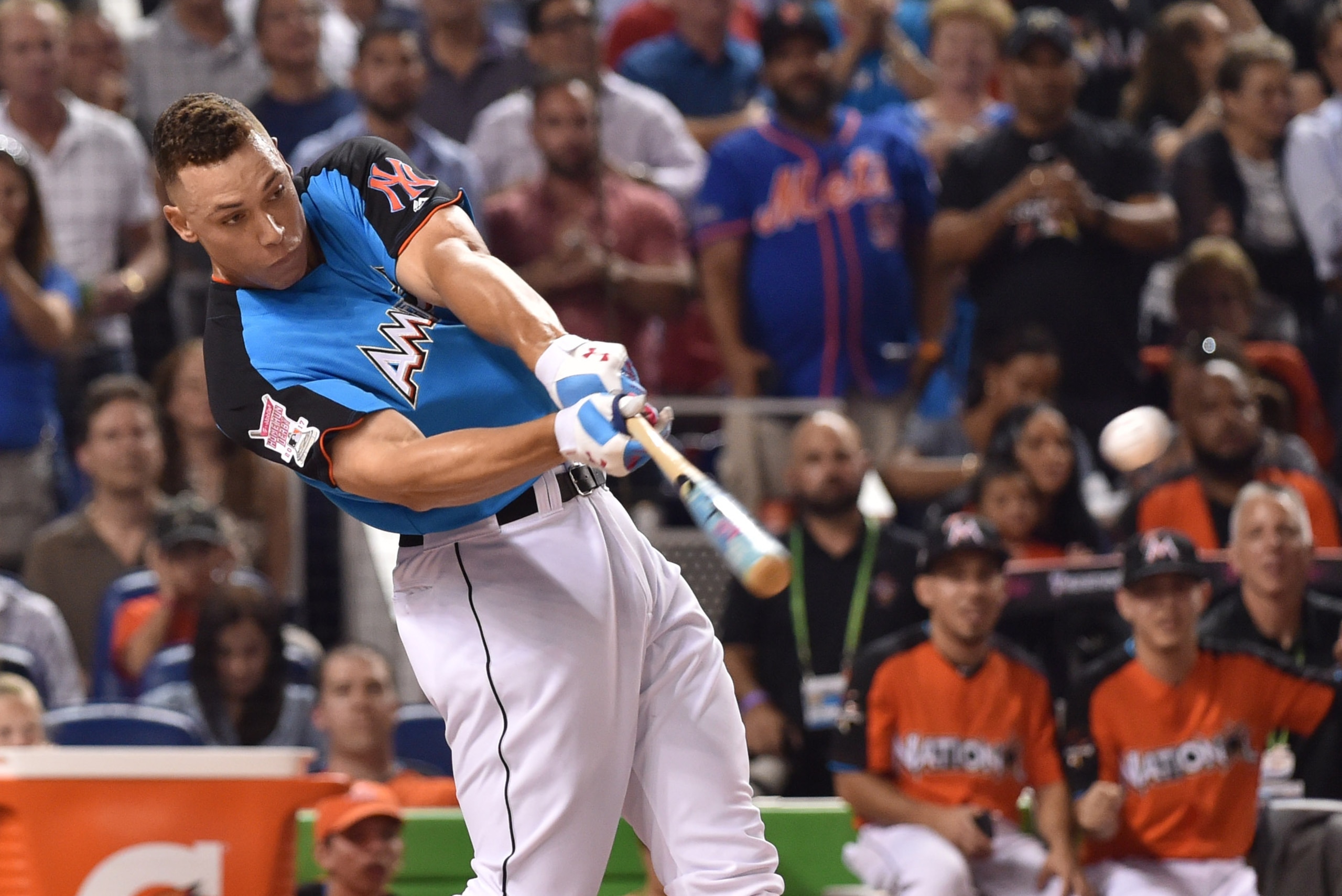 Jul 10, 2017; Miami, FL, USA; American League outfielder Aaron Judge (99) of the New York Yankees in the first round during the 2017 MLB Home Run Derby at Marlins Park. Mandatory Credit: Steve Mitchell-USA TODAY Sports Jul 10, 2017; Miami, FL, USA; American League outfielder Aaron Judge (99) of the New York Yankees in the first round during the 2017 MLB Home Run Derby at Marlins Park. Mandatory Credit: Steve Mitchell-USA TODAY Sports