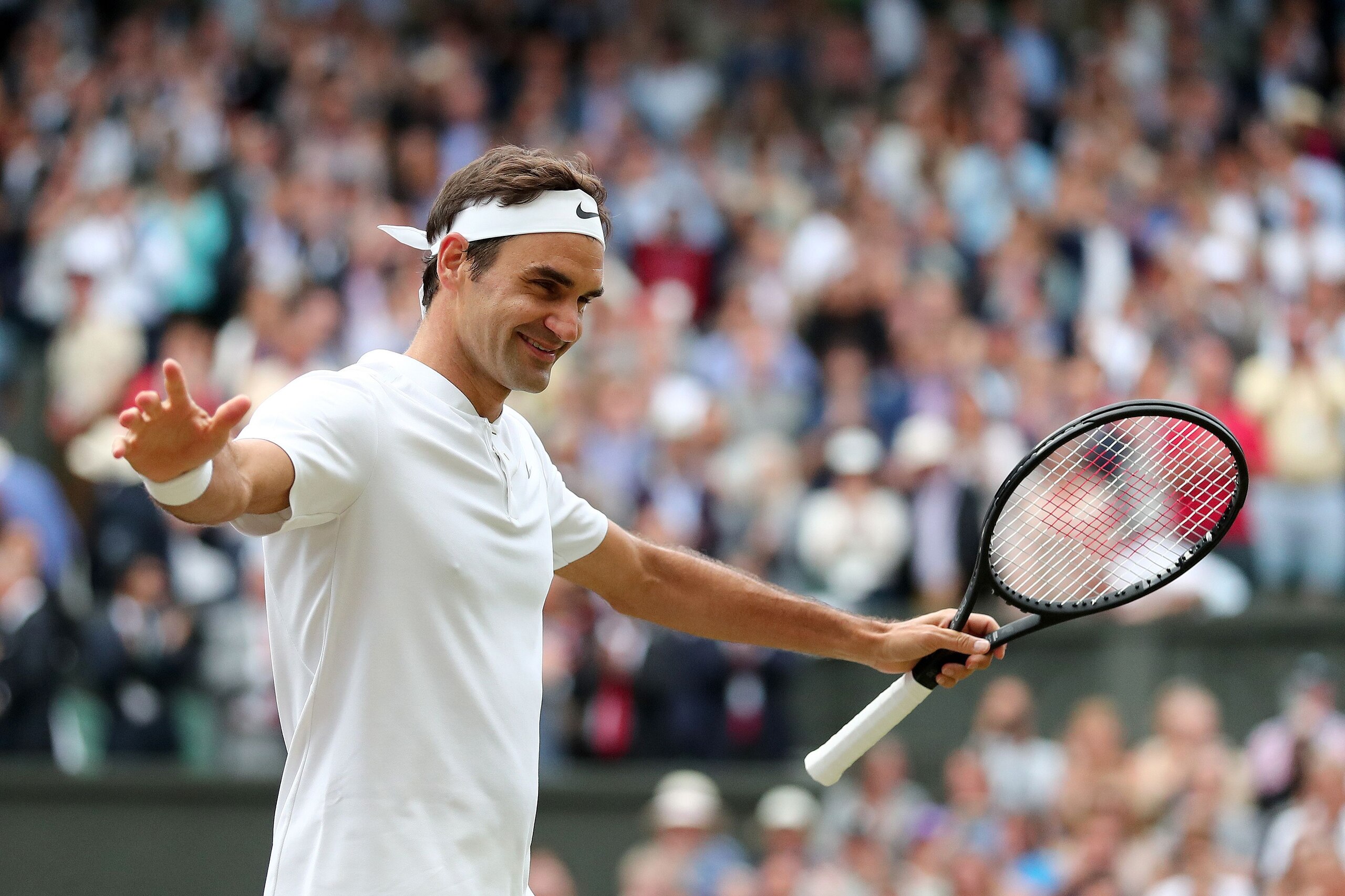 Switzerland's Roger Federer celebrates after winning against Czech Republic's Tomas Berdych during their men's singles semi-final match on the eleventh day of the 2017 Wimbledon Championships at The All England Lawn Tennis Club in Wimbledon, southwest Lon