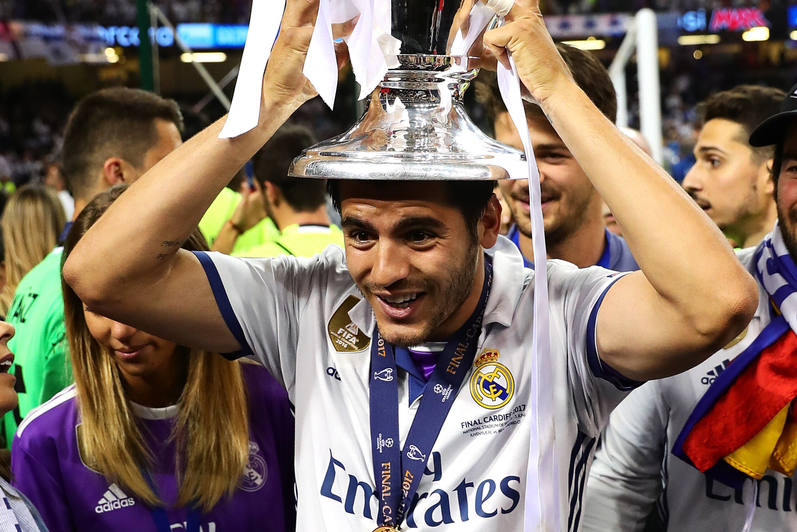 CARDIFF, WALES - JUNE 03: Alvaro Morata of Real Madrid lifts the trophy following the UEFA Champions League Final match between Juventus and Real Madrid at the National Stadium of Wales on June 3, 2017 in Cardiff, Wales. (Photo by Chris Brunskill Ltd/Gett