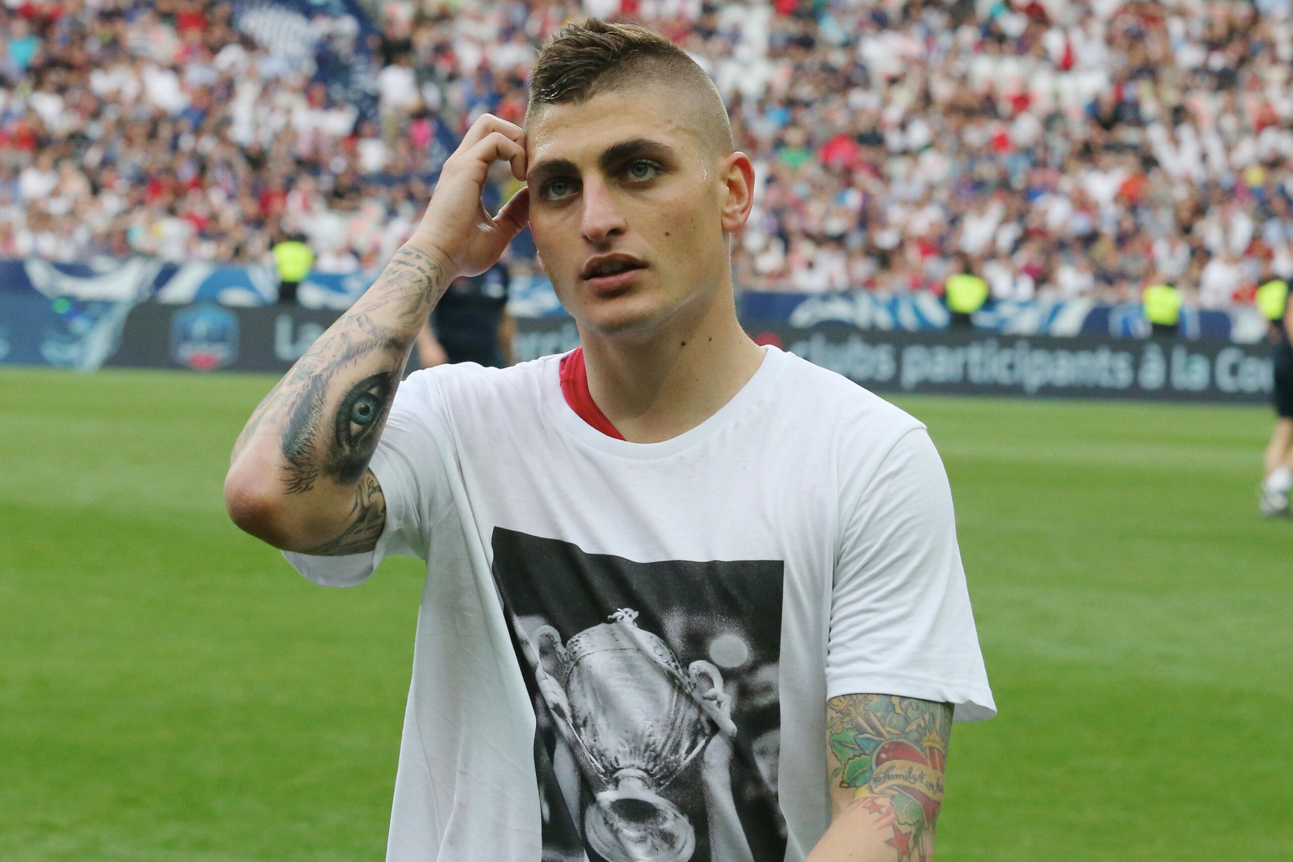 PARIS, FRANCE - MAY 27:  Marco Verratti
of Paris Saint-Germain reacts during the French Cup Final match between Paris Saint-Germain and SCO Angers at Stade de France on May 27, 2017 in Paris, France.  (Photo by Xavier Laine/Getty Images)