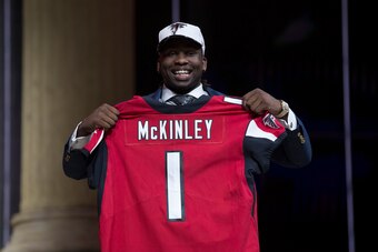 Apr 27, 2017; Philadelphia, PA, USA; Takkarist McKinley (UCLA) is selected as the number 26 overall pick to the Atlanta Falcons in the first round the 2017 NFL Draft at the Philadelphia Museum of Art. Mandatory Credit: Bill Streicher-USA TODAY Sports
