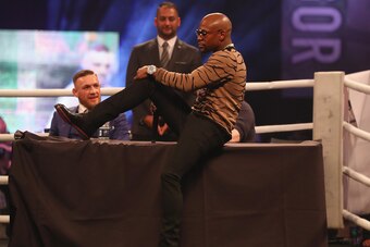 LONDON, ENGLAND - JULY 14:  Floyd Mayweather Jr. and Conor McGregor during the Floyd Mayweather Jr. v Conor McGregor World Press Tour at SSE Arena on July 14, 2017 in London, England.  (Photo by Matthew Lewis/Getty Images)
