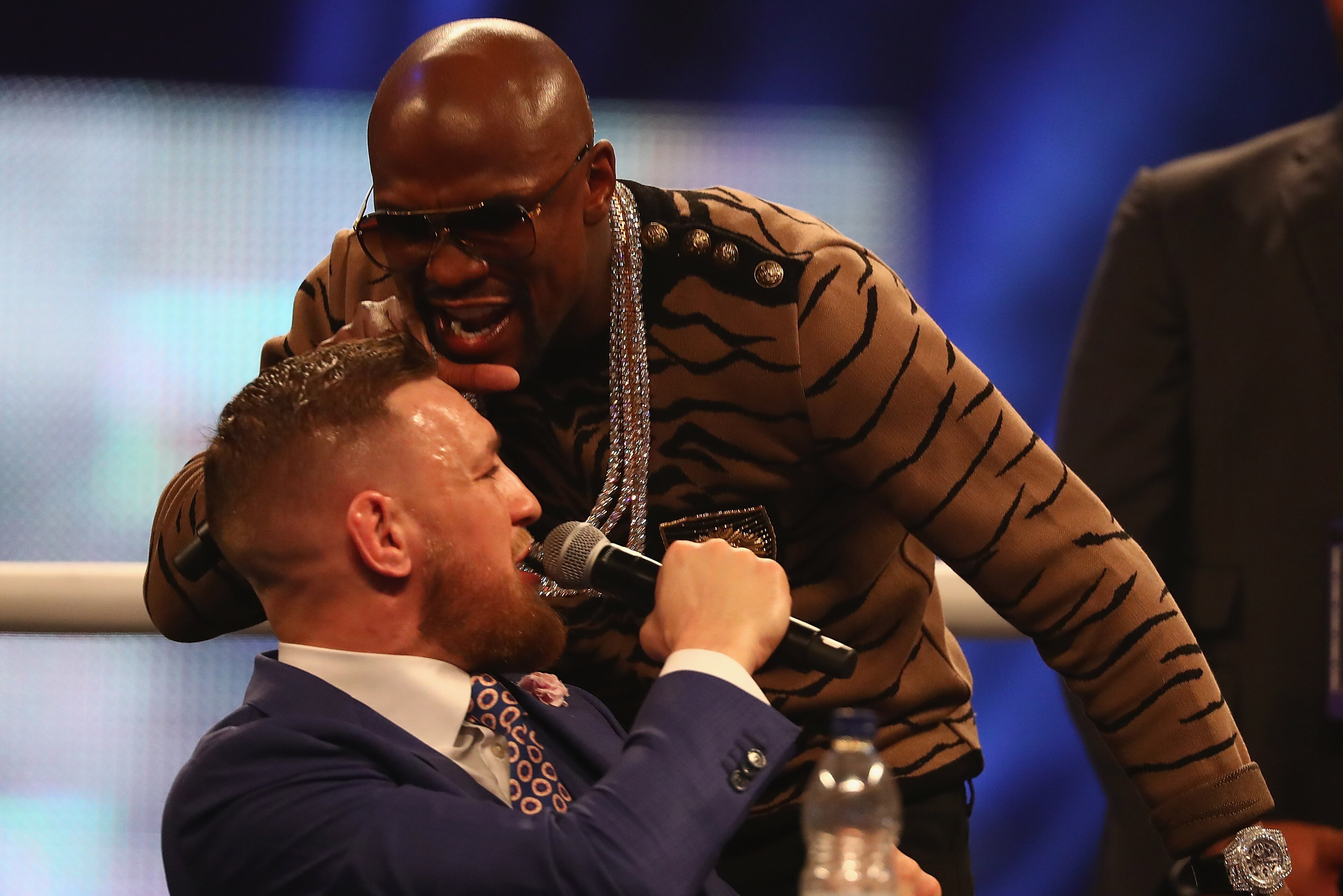 LONDON, ENGLAND - JULY 14:  Floyd Mayweather Jr. and Conor McGregor during the Floyd Mayweather Jr. v Conor McGregor World Press Tour at SSE Arena on July 14, 2017 in London, England.  (Photo by Matthew Lewis/Getty Images)
