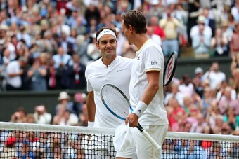 LONDON, ENGLAND - JULY 14:  Roger Federer of Switzerland and Tomas Berdych of The Czech Republic shake hands after the Gentlemen's Singles semi final match on day eleven of the Wimbledon Lawn Tennis Championships at the All England Lawn Tennis and Croquet