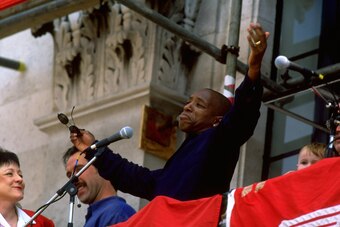 17 May 1998:  Ian Wright of Arsenal salutes the fans during their homecoming from the FA Cup final in London. Arsenal also won the the FA Carling Premiership to achieve a double victory. \ Mandatory Credit: Gary M Prior/Allsport