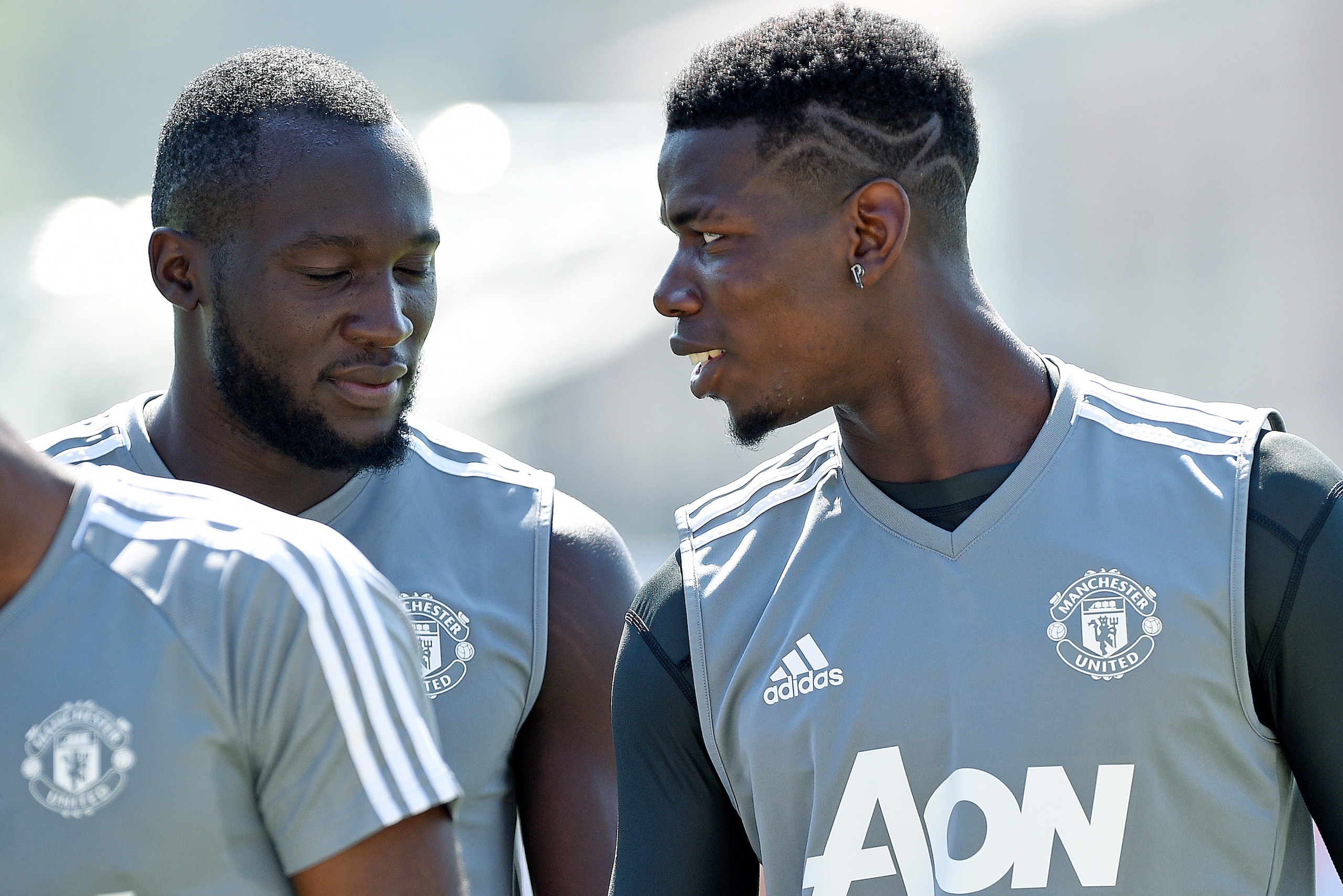 LOS ANGELES, CA - JULY 14: Striker Romelu Lukaku (L) and midfielder Paul Pogba of Manchester United during a training session for Tour 2017 July 14, 2017, in Los Angeles, California. (Photo by Kevork Djansezian/Getty Images)