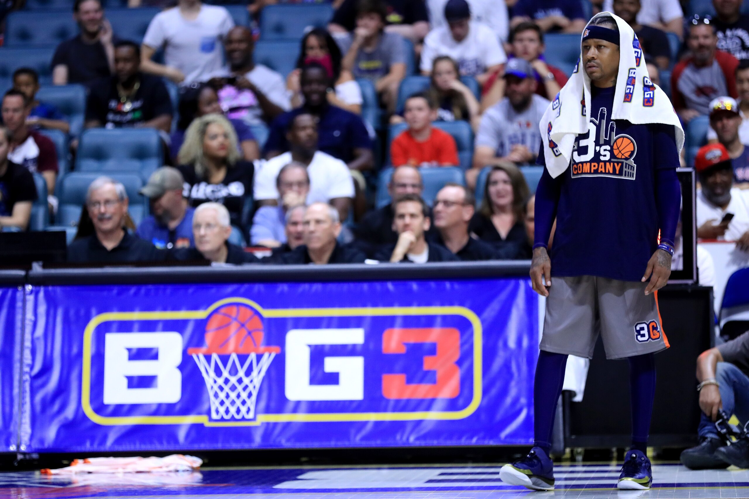 TULSA, OK - JULY 09:  Allen Iverson #3 of 3s Company looks on during the game against Trilogy during week three of the BIG3 three on three basketball league at BOK Center on July 9, 2017 in Tulsa, Oklahoma.  (Photo by Ronald Martinez/BIG3/Getty Images)