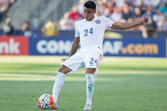 Jul 25, 2015; Chester, PA, USA; the United States midfielder Joe Corona (24) kicks the ball against Panama during the CONCACAF Gold Cup third place match at PPL Park. Panama wins on penalty kicks after a 1-1 draw. Mandatory Credit: Bill Streicher-USA TODA