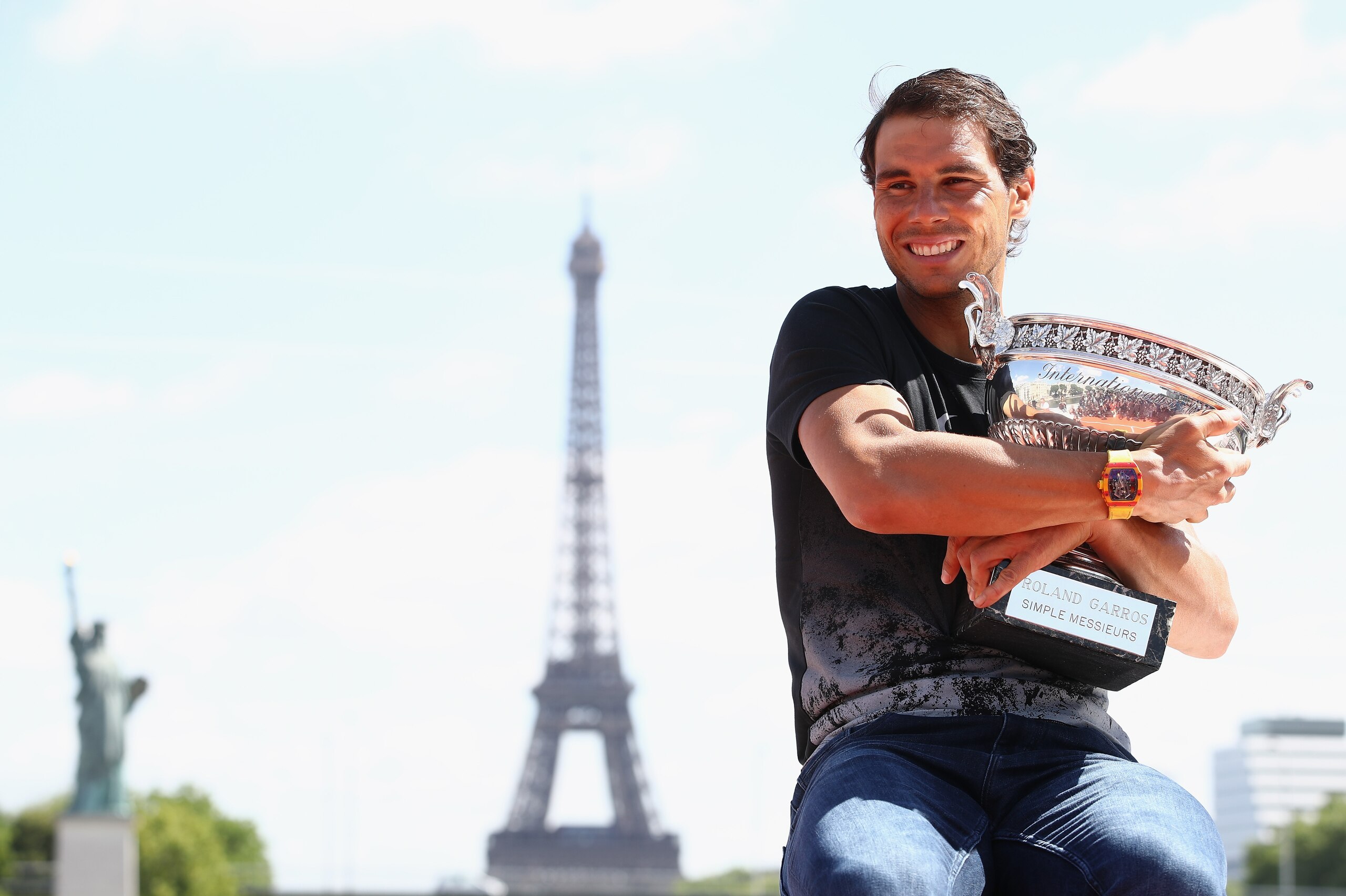PARIS, FRANCE - JUNE 12:  Rafael Nadal of Spain poses during a photocall to celebrate his record breaking 10th French Open title at Quai de Grenelle on June 12, 2017 in Paris, France.  (Photo by Julian Finney/Getty Images)
