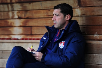PLYMOUTH, ENGLAND - MARCH 29:  Tab Ramos, Head Coach of USA U20s looks on ahead of the International Friendly match between England U20 and USA U20 at Home Park on March 29, 2015 in Plymouth, England.  (Photo by Dan Mullan/Getty Images)