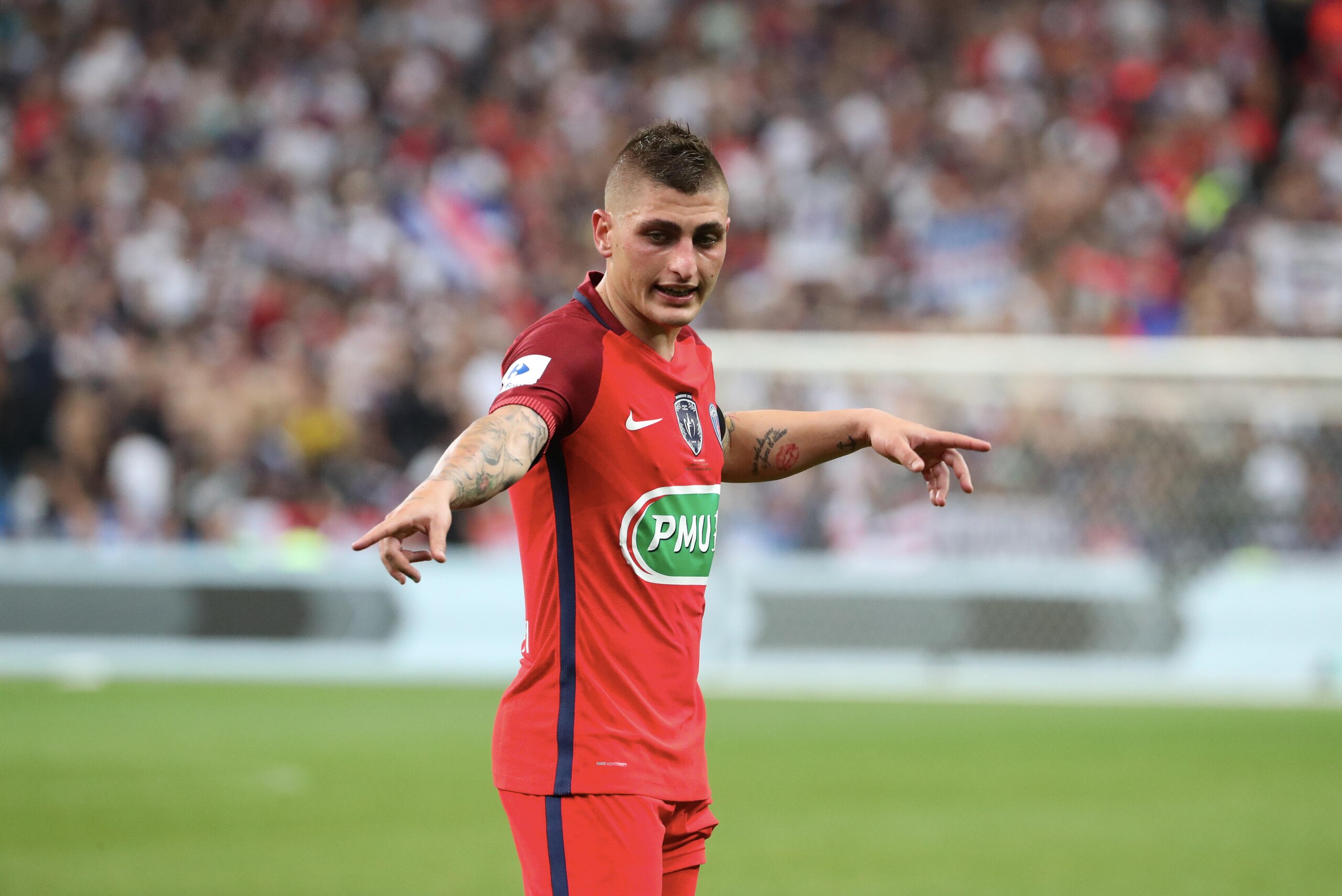 PARIS, FRANCE - MAY 27:  Marco Verratti
of Paris Saint-Germain reacts during the French Cup Final match between Paris Saint-Germain and SCO Angers at Stade de France on May 27, 2017 in Paris, France.  (Photo by Xavier Laine/Getty Images)