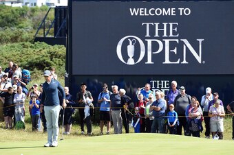 Northern Ireland golfer Rory McIlroy practices on the 14th at Royal Birkdale Golf Coure, near Southport in north west England on July 16, 2017 ahead of The 146th Open golf competition.  / AFP PHOTO / PAUL ELLIS        (Photo credit should read PAUL ELLIS/