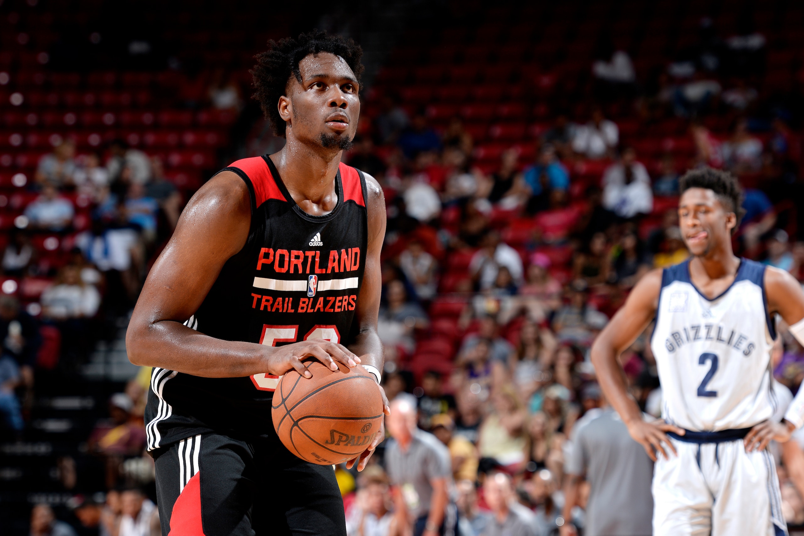 LAS VEGAS, NV - JULY 16: Caleb Swanigan #50 of the Portland Trail Blazers shoots a free throw during the game against the Memphis Grizzlies during the Semifinals of the 2017 Las Vegas Summer League on July 16, 2017 at the Thomas & Mack Center in Las Vegas