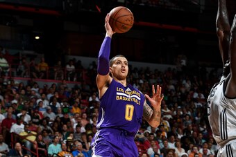 LAS VEGAS, NV - JULY 16: Kyle Kuzma #0 of the Los Angeles Lakers shoots the ball against the Dallas Mavericks during the 2017 Summer League Semifinals on July 16, 2017 at the Thomas & Mack Center in Las Vegas, Nevada. NOTE TO USER: User expressly acknowle