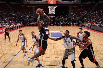 LAS VEGAS, NV - JULY 16: Caleb Swanigan #50 of the Portland Trail Blazers goes to the basket against the Memphis Grizzlies during the 2017 Summer League Semifinals on July 16, 2017 at the Thomas & Mack Center in Las Vegas, Nevada. NOTE TO USER: User expre