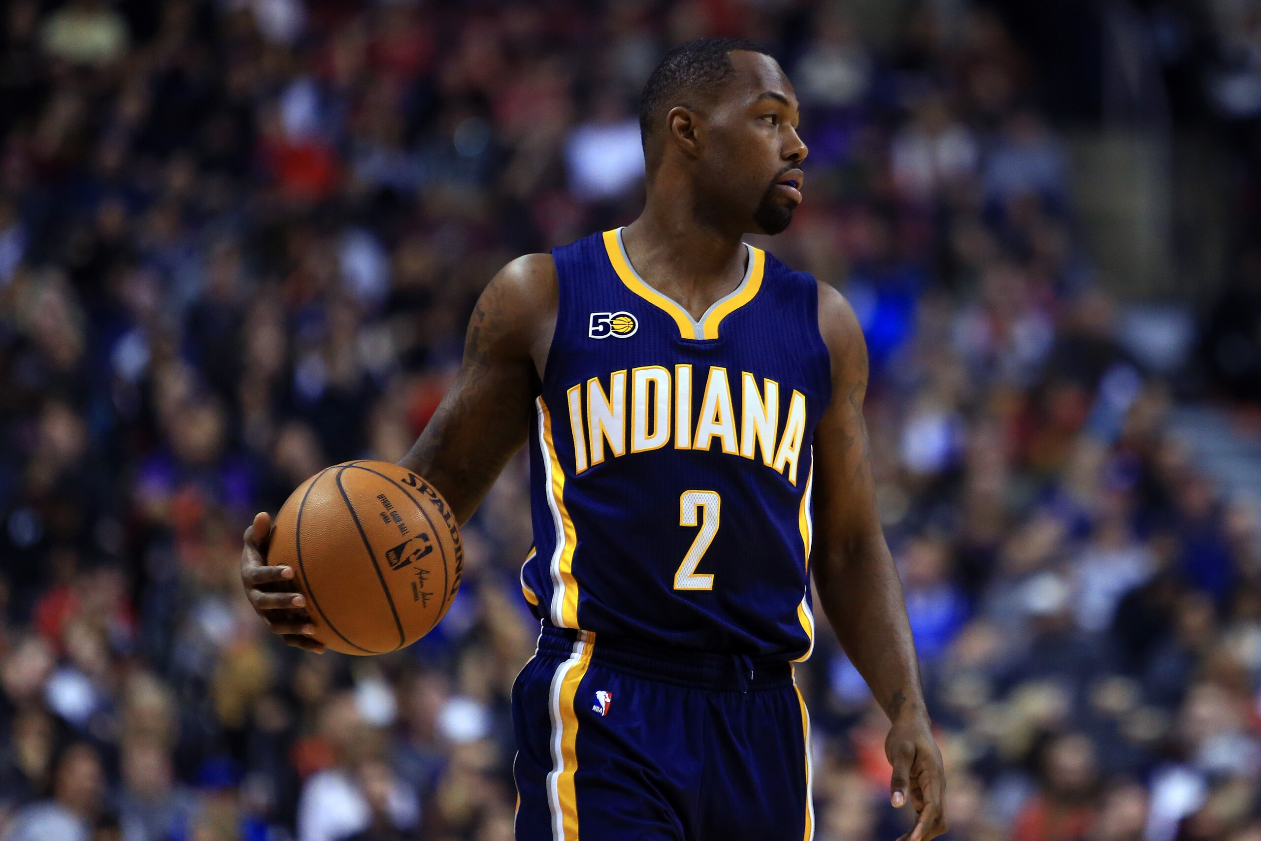 TORONTO, ON - MARCH 19:  Rodney Stuckey #2 of the Indiana Pacers dribbles the ball during the first half of an NBA game against the Toronto Raptors at Air Canada Centre on March 19, 2017 in Toronto, Canada.  NOTE TO USER: User expressly acknowledges and a