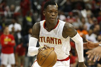 ATLANTA, GA - APRIL 28:  Guard Dennis Schroder #17 of the Atlanta Hawks dribbles during Game Six of the Eastern Conference Quarterfinals against the Washington Wizards at Philips Arena on April 28, 2017 in Atlanta, Georgia. NOTE TO USER: User expressly ac