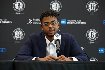 BROOKLYN, NY - JUNE 26:  D'Angelo Russell #1 of the Brooklyn Nets speaks to the media during his introductory press conference on June 26, 2017 at HSS Training Center in Brooklyn, New York. NOTE TO USER: User expressly acknowledges and agrees that, by dow