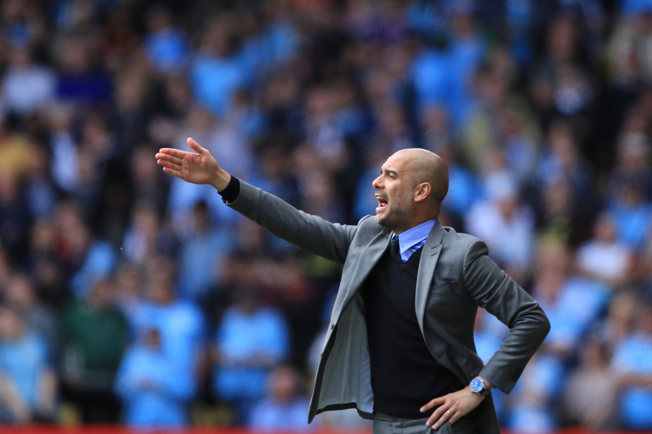 WATFORD, ENGLAND - MAY 21:  Manchester City manager Pep Guardiola gives instructions during the Premier League match between Watford and Manchester City at Vicarage Road on May 21, 2017 in Watford, England.  (Photo by Richard Heathcote/Getty Images)