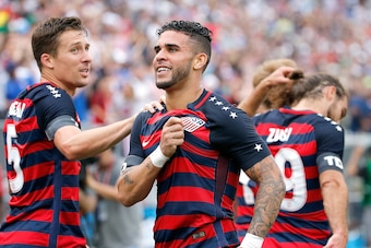 EAST HARTFORD, CT - JULY 01: Dom Dwyer #14 of the United States reacts with teammates after he scores a goal during an international friendly between USA and Ghana at Pratt & Whitney Stadium on July 1, 2017 in East Hartford, Connecticut. (Photo by Jim Rog