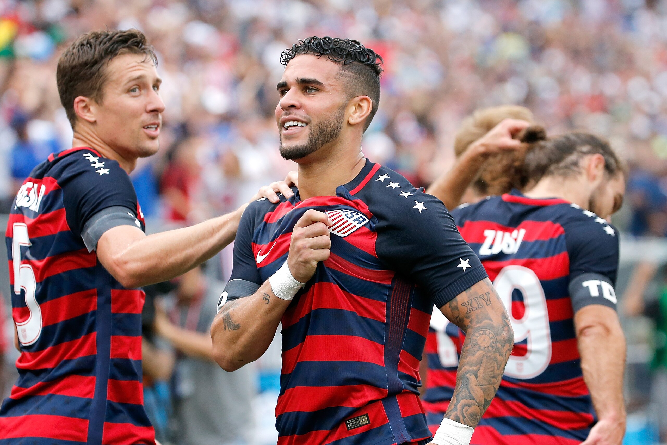 EAST HARTFORD, CT - JULY 01: Dom Dwyer #14 of the United States reacts with teammates after he scores a goal during an international friendly between USA and Ghana at Pratt & Whitney Stadium on July 1, 2017 in East Hartford, Connecticut. (Photo by Jim Rog EAST HARTFORD, CT - JULY 01: Dom Dwyer #14 of the United States reacts with teammates after he scores a goal during an international friendly between USA and Ghana at Pratt & Whitney Stadium on July 1, 2017 in East Hartford, Connecticut. (Photo by Jim Rog