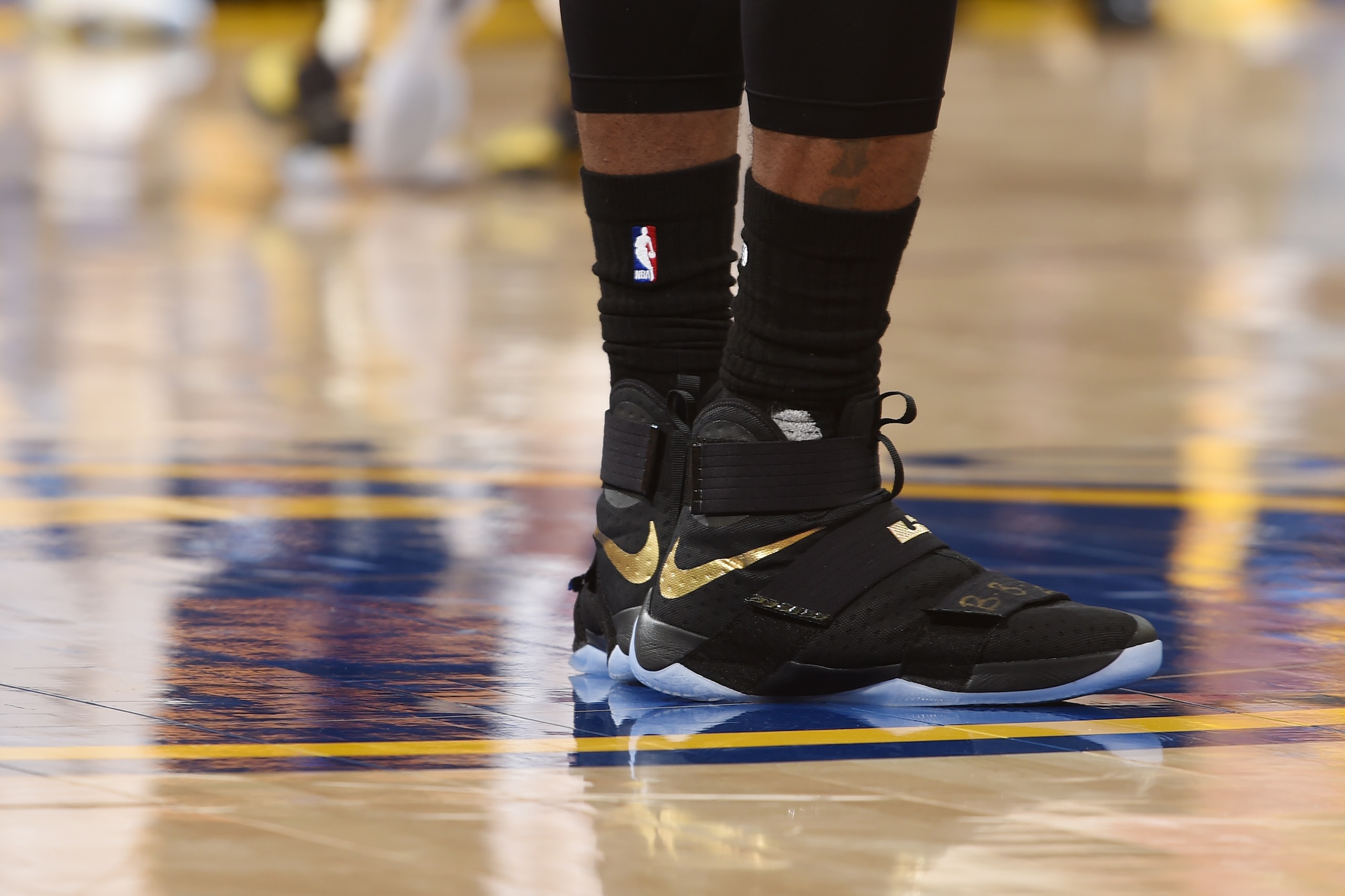 OAKLAND, CA - JUNE 19:  The sneakers of LeBron James #23 of the Cleveland Cavaliers during the game against the Golden State Warriors in Game Seven of the 2016 NBA Finals on June 19, 2016 at ORACLE Arena in Oakland, California. NOTE TO USER: User expressl