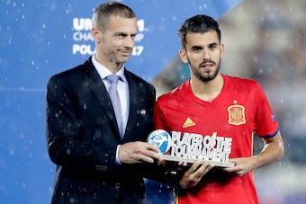 KRAKOW, POLAND - JUNE 30: Dani Ceballos of Spain is awarded the Player of the Tournament by Aleksander Ceferin, UEFA president during the UEFA European Under-21 Championship Final between Germany and Spain at Krakow Stadium on June 30, 2017 in Krakow, Pol