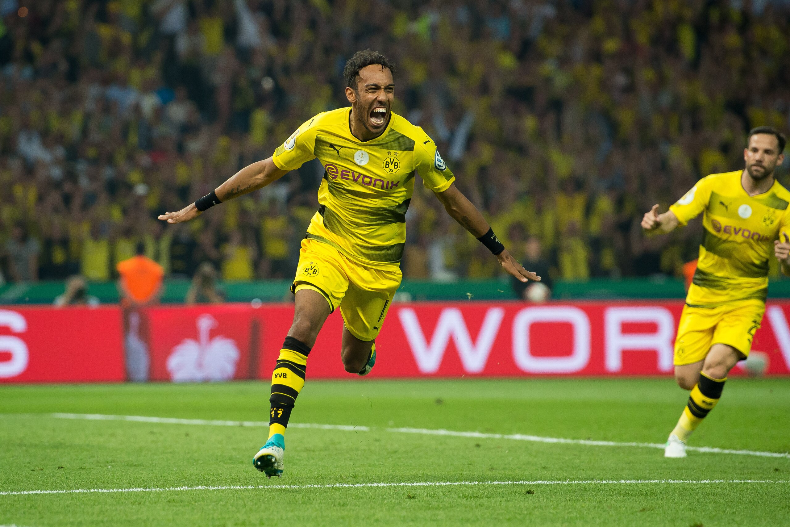 BERLIN, GERMANY - MAY 27: Pierre-Emerick Aubameyang of Dortmund celebrates after scoring his team`s second goal during the DFB Cup final match between Eintracht Frankfurt and Borussia Dortmund at Olympiastadion on May 27, 2017 in Berlin, Germany. (Photo b
