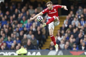 Middlesbrough's English defender Calum Chambers controls the ball during the English Premier League football match between Chelsea and Middlesbrough at Stamford Bridge in London on May 8, 2017. / AFP PHOTO / Adrian DENNIS / RESTRICTED TO EDITORIAL USE. No