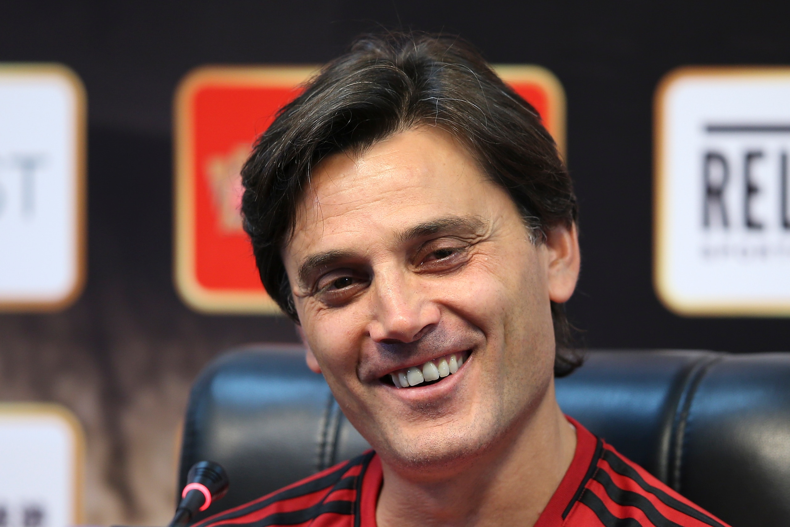 GUANGZHOU, CHINA - JULY 15: Vincenzo Montella,coach of AC Milan attends the a press conference ahead of the 2017 International Champions Cup football match between AC milan and Borussia Dortmund at University Town Sports Centre Stadium on July 15, 2017 i GUANGZHOU, CHINA - JULY 15: Vincenzo Montella,coach of AC Milan attends the a press conference ahead of the 2017 International Champions Cup football match between AC milan and Borussia Dortmund at University Town Sports Centre Stadium on July 15, 2017 i