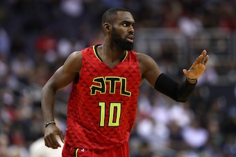 WASHINGTON, DC - APRIL 26: Tim Hardaway Jr. #10 of the Atlanta Hawks celebrates after scoring against the Washington Wizards in the first half of Game Five of the Eastern Conference Quarterfinals during the 2017 NBA Playoffs at at Verizon Center on April 