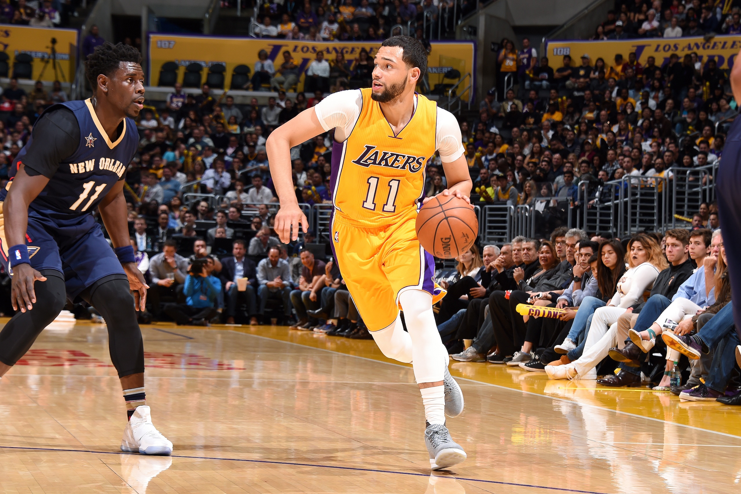 LOS ANGELES, CA - APRIL 11: Tyler Ennis #11 of the Los Angeles Lakers handles the ball during the game against the New Orleans Pelicans on April 11, 2017 at STAPLES Center in Los Angeles, California. NOTE TO USER: User expressly acknowledges and agrees th