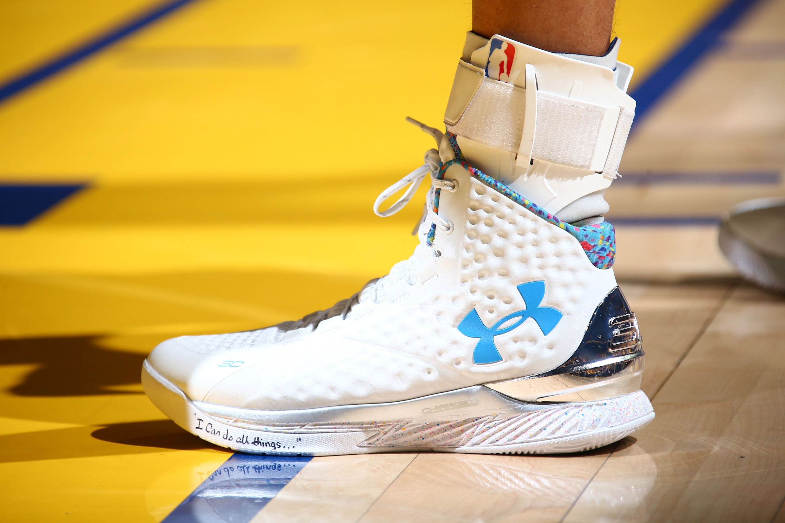 OAKLAND, CA - JUNE 14: Sneakers worn by Stephen Curry #30 of the Golden State Warriors during Game Five of the 2015 NBA Finals on June 14, 2015 at Oracle Arena in Oakland, California. NOTE TO USER: User expressly acknowledges and agrees that, by downloadi