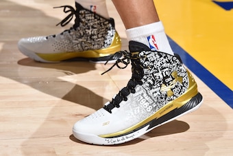 OAKLAND, CA - JUNE 7:  The sneakers of Stephen Curry #30 of the Golden State Warriors before Game Two of the 2015 NBA Finals on June 7, 2015 at Oracle Arena in Oakland, California. NOTE TO USER: User expressly acknowledges and agrees that, by downloading 