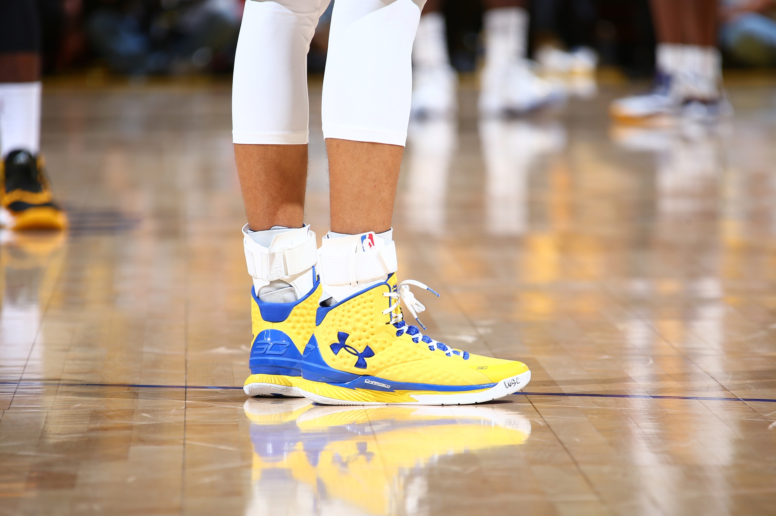 OAKLAND, CA - JUNE 4: Sneakers worn by Stephen Curry #30 of the Golden State Warriors during Game One of the 2015 NBA Finals on June 4, 2015 at Oracle Arena in Oakland, California. NOTE TO USER: User expressly acknowledges and agrees that, by downloading 