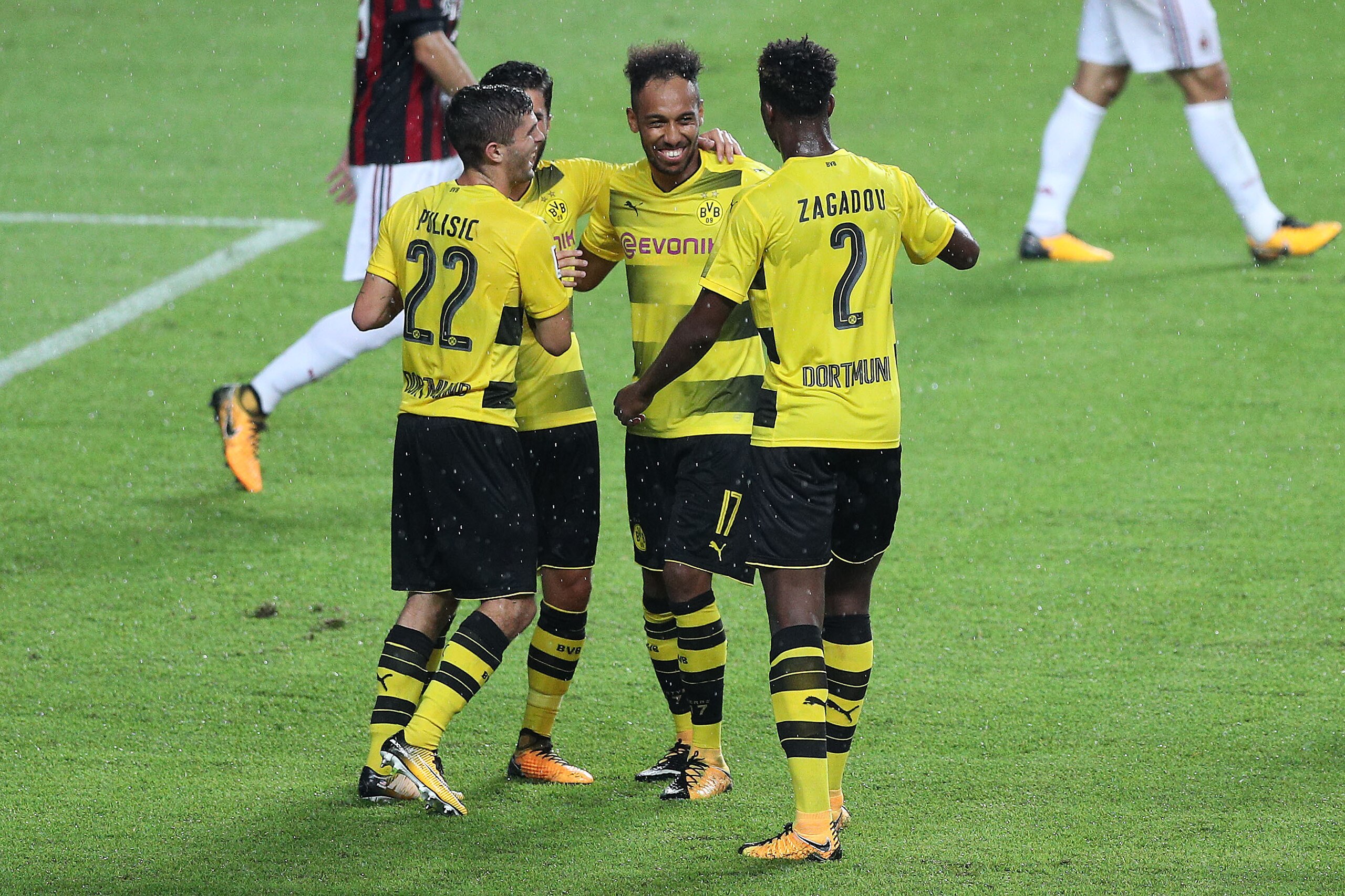 GUANGZHOU, CHINA - JULY 18:  #17 Pierre-Emerick Aubameyang(R-2) of Dortmund celebrates his goal with teammates during the 2017 International Champions Cup football match between AC Milan and Borussia Dortmund at University Town Sports Centre Stadium on Ju