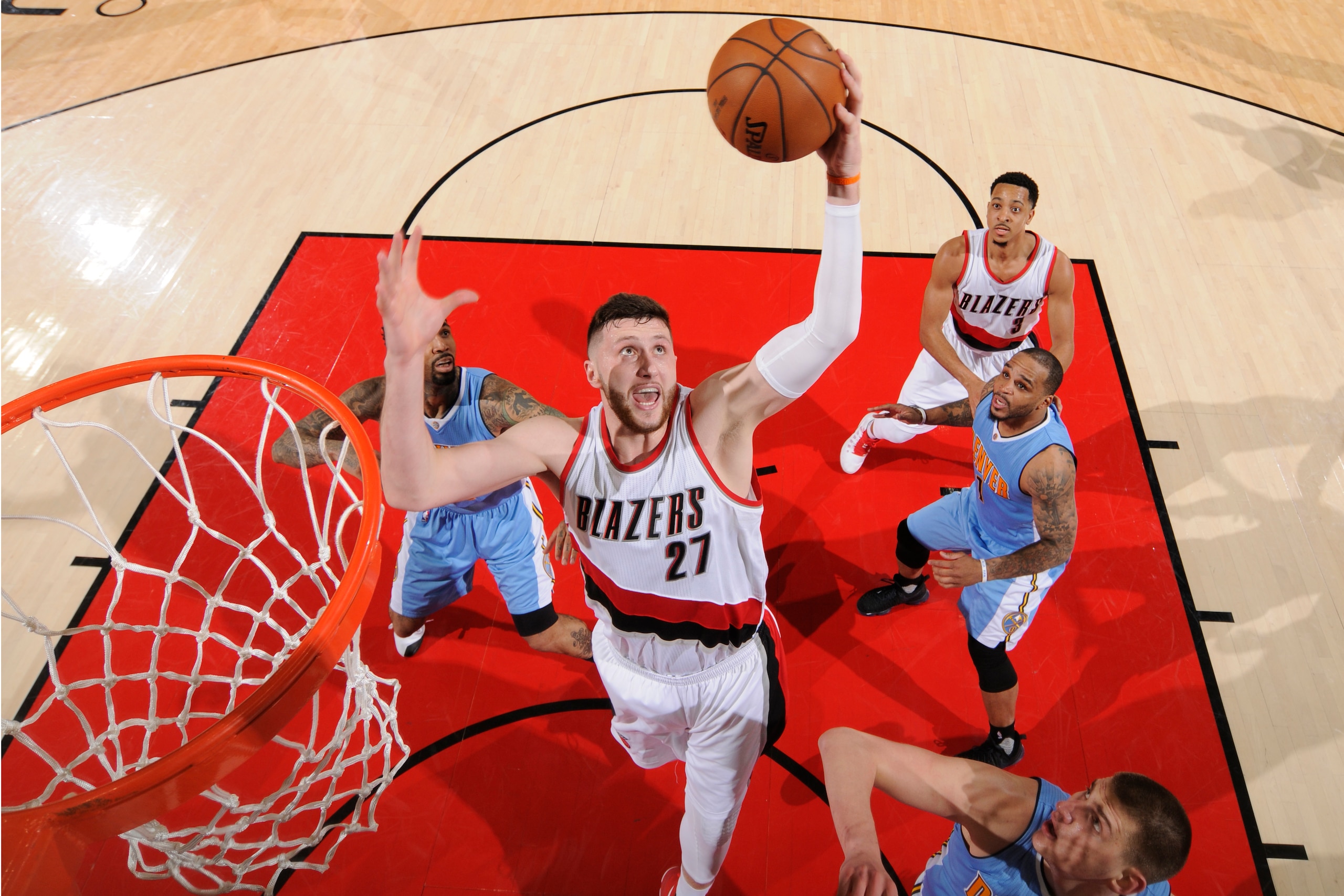 PORTLAND, OR - MARCH 28: Jusef Nurkic #27 of the Portland Trailblazers; shoots the ball against the Denver Nuggets on March 28, 2017 at the Moda Center in Portland, Oregon. NOTE TO USER: User expressly acknowledges and agrees that, by downloading and or PORTLAND, OR - MARCH 28: Jusef Nurkic #27 of the Portland Trailblazers; shoots the ball against the Denver Nuggets on March 28, 2017 at the Moda Center in Portland, Oregon. NOTE TO USER: User expressly acknowledges and agrees that, by downloading and or